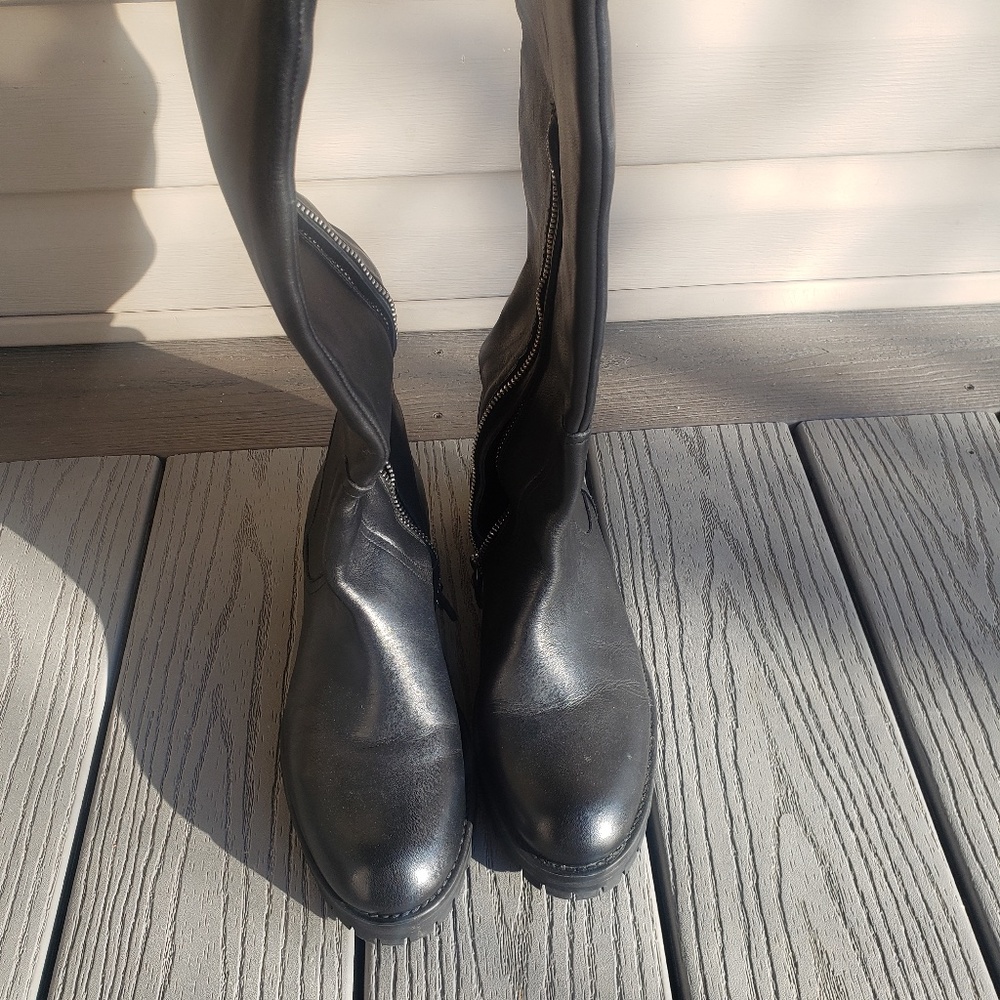 ZARA Leather 2 Buckle Over The Knee Lug Sole Tall Boots - Picture 7 of 13